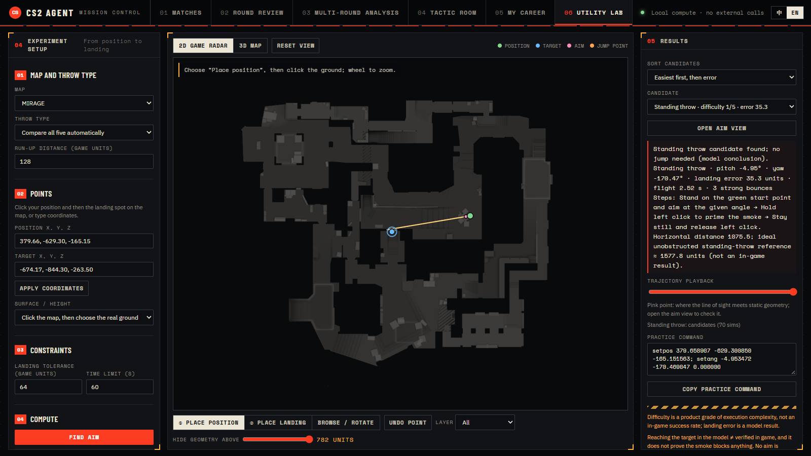 Utility lab with a computed grenade trajectory